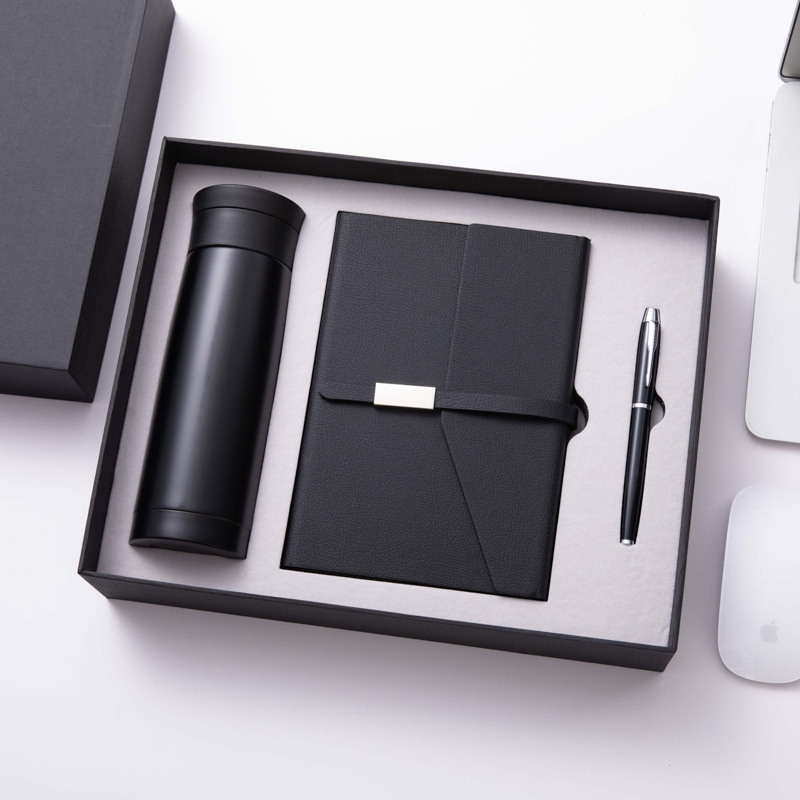 A5 Vegan Leather Notebook, Insulated Bottle & Metal Pen Gift Set — 300 × 250 mm Box