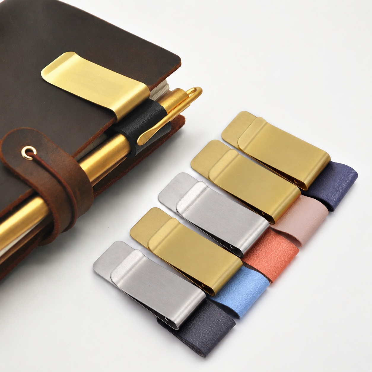 Brushed Metal & Vegan Leather Clip-On Pen Holder